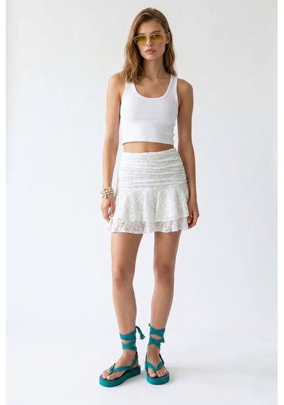 Mixray 2138 Kadın Dantel Desenli Astarlı Yüksek Bel Şort Etek Beyaz