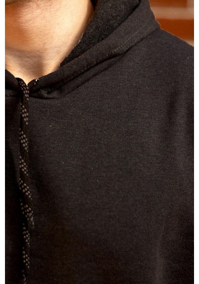 Erkek Siyah Düz Basic Kapüşonlu Cepli Oversize Sweatshirt 21Eswt1