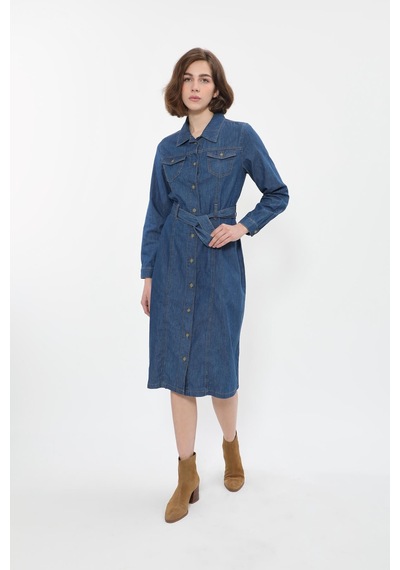 Banny Jeans Kadın Önden Düğmeli Kemerli Jean Elbise Koyu Mavi