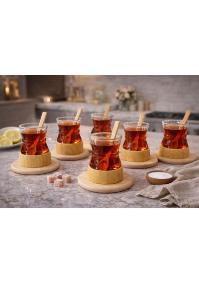 Qerhome 6'lı Borosilikat Cam Bambu Tabaklı Ve Kaşıklı Çay Bardağı Seti Şeffaf
