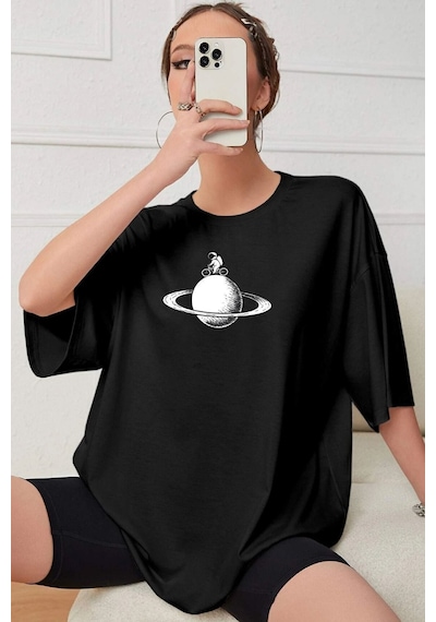 Uyguntarz Astronaut Rides Baskılı T-shirt Siyah