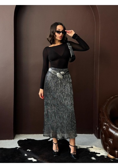 Verymoda Simli Pliseli Etek F2067 Siyah Gümüş