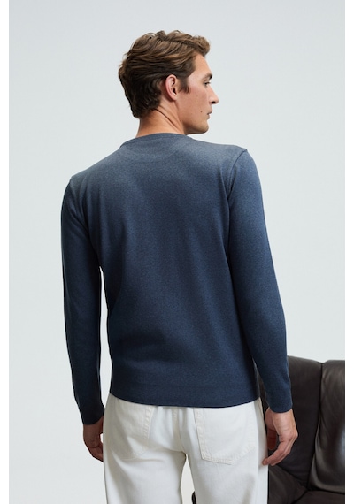 Grımelange VAREX Erkek Yuvarlak Yaka Basic Slim Fit Triko Mavi Kazak