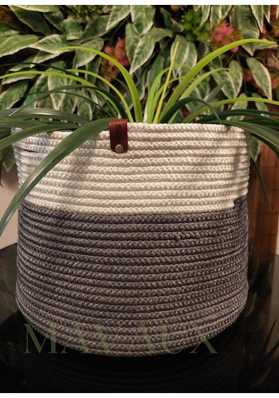 Mavaux Dekoratif Jüt Hasır Sepet Saksı 25cm X 35 Cm, Jüt Beyaz Gri Geçişli Saksılık Beyazgri