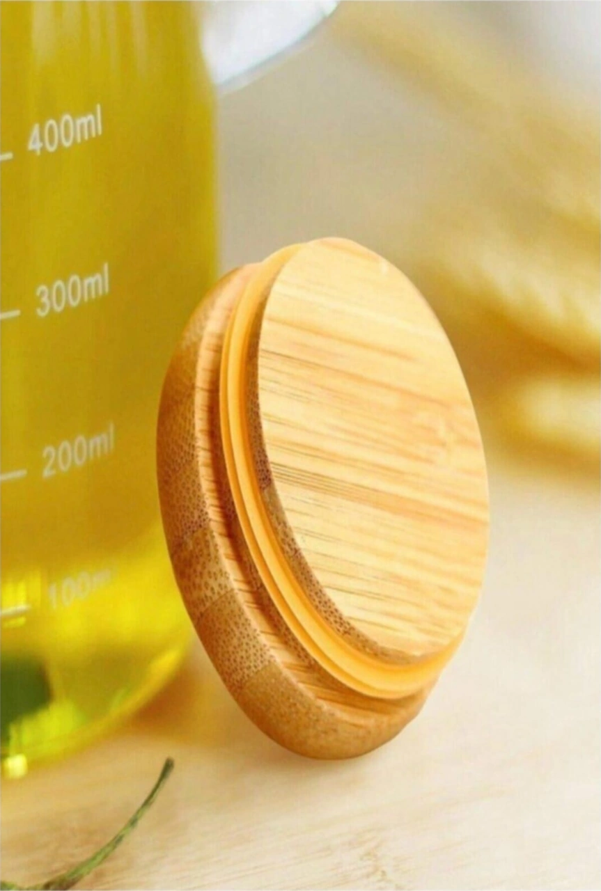 Qerhome Mermer Stantlı Borosilikat Masterchef Bambu Kapaklı Cam Yağlık 2 Li Set 900 Ml+900 Ml Şeffaf