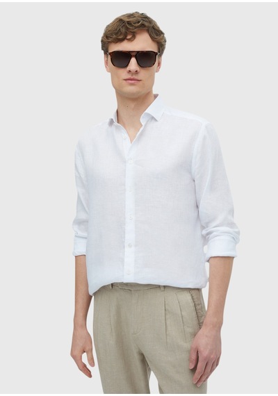Ramsey Beyaz Düz Casual Fit Uzun Dokuma Casual %100 Keten Gömlek