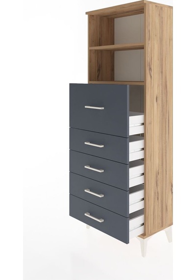 Arges Dolap 2 Raflı 5 Çekmeceli 60x30x163 Çam-antrasit Atlas Çam