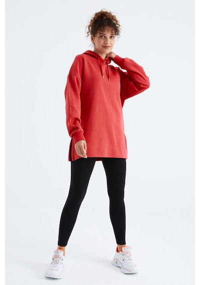Tommy Life Fiesta Reglan Kol Basic Kapüşonlu Oversize Sweatshirt Tunik - 97242 Kırmızı