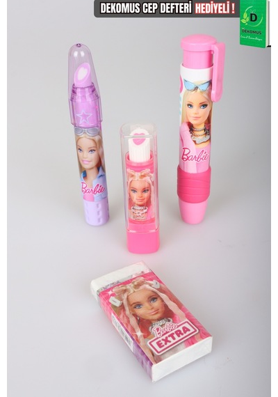 X Dekomus Lisanslı Barbie 4 Adet Silgi Seti Ruj Silgi,çevirmeli Roket Silgi,kare Silgi,roket Silgi,basmalı Silgi