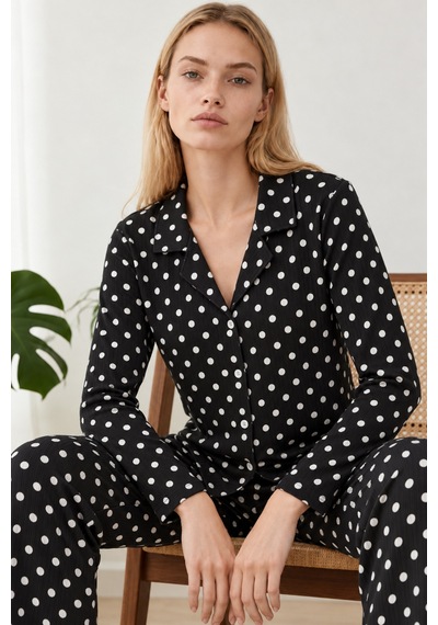 Kadın Gömlek Yaka Desenli Siyah Pijama Takımı 4812