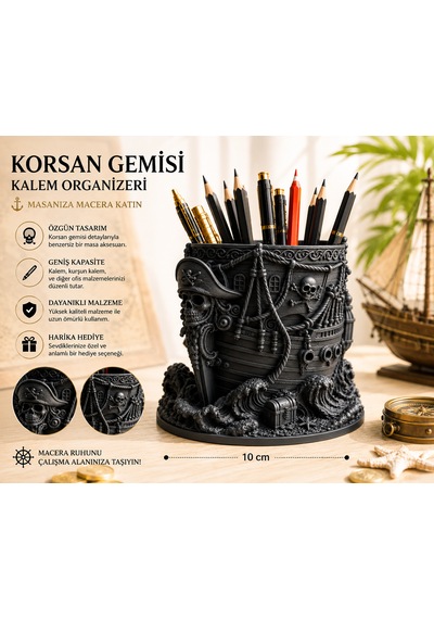 Korsan Gemisi Kalemlik Ve Masaüstü Organizer 10x8 Dekoratif Kalem Tutucu Siyah