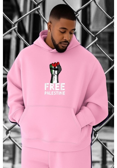 Benroma 3 İplik Penye Free Özgür Filistin Baskılı Büyük Beden Sweatshırt Pembe