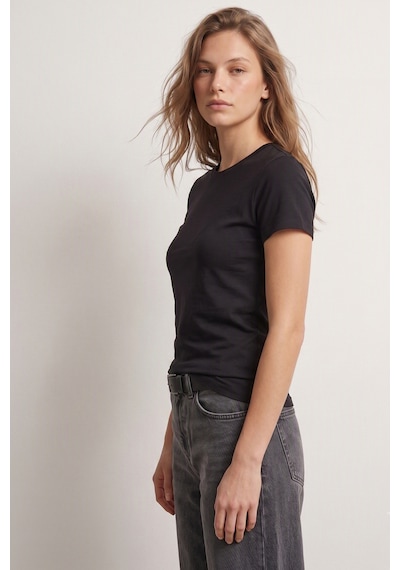 Elemge %95pamuk %5likra Vücuda Oturan Magic Fit Siyah Kadın Stretch T-shirt Compact Penye Kısa Kol Esnek Basic Tişört Elastan