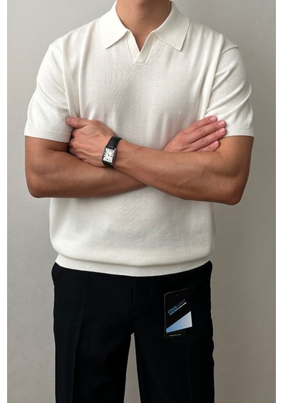 Cool Tarz Erkek Beyaz Patlı Kısa Kollu Polo Yaka Triko T-shirt Beyaz Beyaz