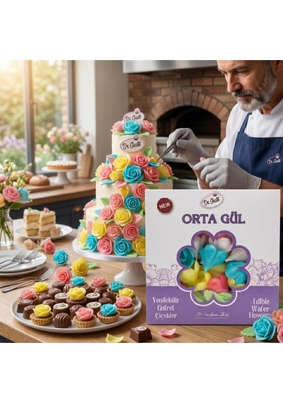 Gofret Gül Orta Boy 50 Adet 100 Yaprak Yenilebilir Pasta Süsleme Gülü