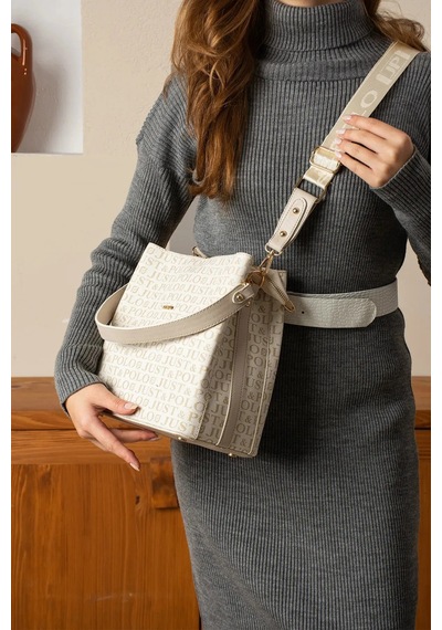 Just Polo Kadın Monogram Baskılı El Ve Omuz Çantası Ebat 25 X 25 Krem