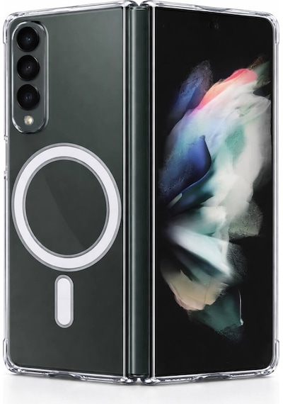Samsung Uyumlu Galaxy Z Fold 3  Kamera Korumalı Magsafe Wireless Şarj Özellikli Lüks Şeffaf Silikon Telefon Kılıfı Şeffaf