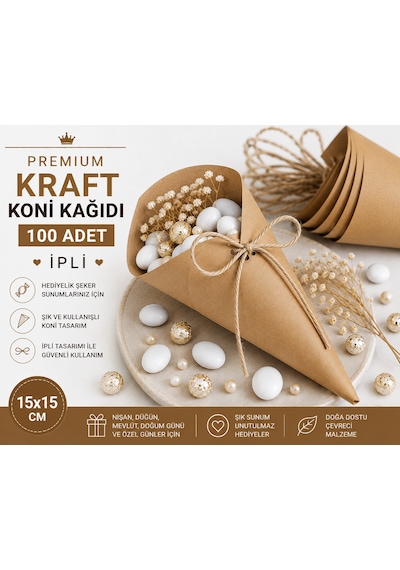 Premium Kraft Koni Kağıdı 100 Adet İpli Hediyelik İkram Ve Şeker Sunum Külahı