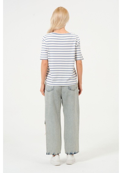 Kadın Çizgili Tişört Oversize T-shirt Beyaz