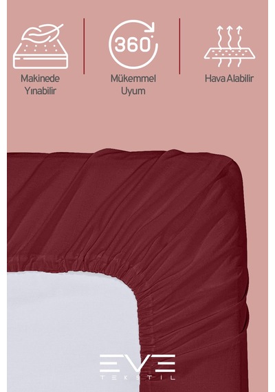 Eve Tekstil Pamuklu Çift Kişilik Rainforce Kumaş Lastikli Çarşaf Ve Yastık Kılıfı Set Bordo