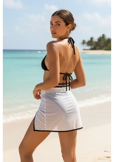 Kadın Siyah Beyaz Pareolu 3 Lü Bikini Takımı Yandan Ve Boyundan Bağlamalı Pedli Şık Plaj Seti