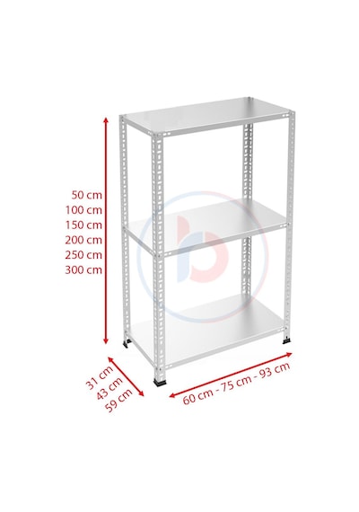 Raf Burada  3 Katlı Galvaniz Çelik Raf - Depo, Arşiv, Kiler, Dosya, Market Rafı-31x60 cm-50 cm-1.00 mm