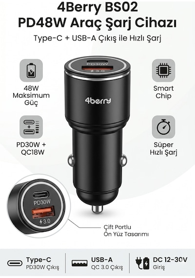 Bs02 Pd48w Dual Port Araç Şarj Cihazı Type-c Pd30w + Usb-a Qc3.0 48w Hızlı Şarj Adaptörü