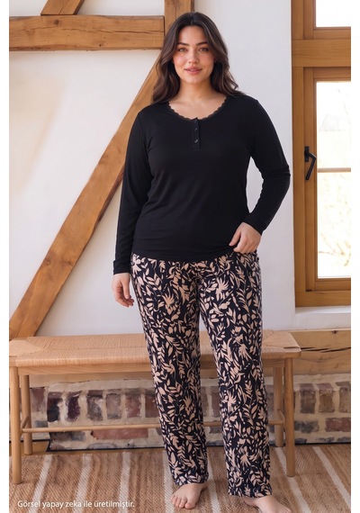 Siyah İnci Siyah Desenli Büyük Beden Battal Boy Düğmeli Viskon Örme Pijama Takım