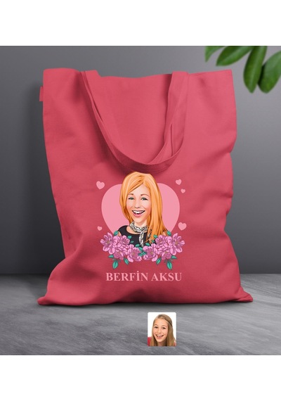 Bk Gift Kişiye Özel Anneler Günü Karikatürlü Kırmızı Kumaş Bez Çanta, Baskılı Omuz Çantası, Alışveriş Çantası, Anneye Hediye-2 Kırmızı
