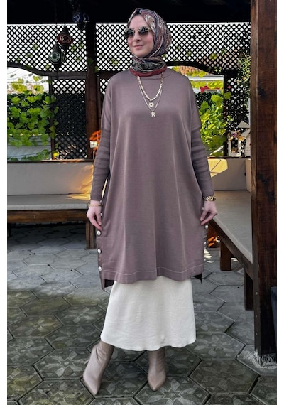 Rabia Şamlı Sevda Triko Tunik Sütlü Kahve Çok Renkli
