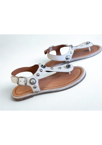 Ne&ve Shoes Bej Hakiki Deri Kadın Parmak Arası Taşlı Sandalet