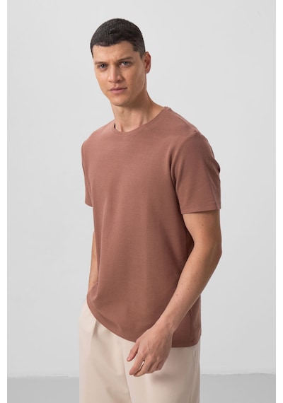 Tommylife Kahverengi Yüzeyi Dokulu Rahat Form Basic Erkek T-shirt - 88436 Kahverengi