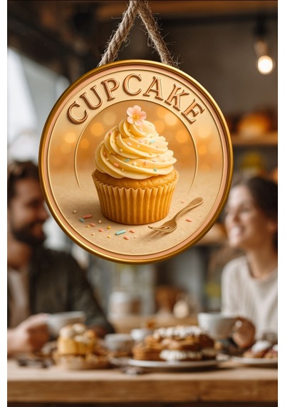 Cupcake Muffin Temalı İpli Ahşap Kapı Duvar Süsü, Pastane, Tatlı Dükkanı, Cafe Tablo Dekoru