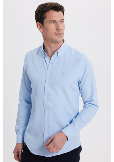 Tudors Erkek Slim Fit Dar Kesim Düz Oxford Armalı Yaka Düğmeli Mavi Spor Gömlek-42011 Mavi