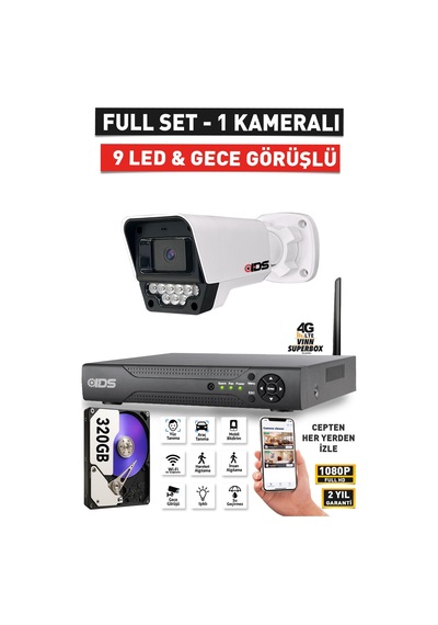 1 Kameralı Fullhd 1080p 5mp Lensli 9 Led Gece Görüşlü Güvenlik Kamerası Seti - 320gb
