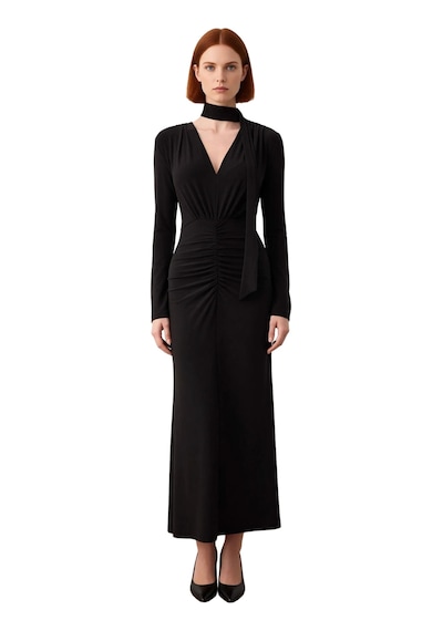 Ersefa Kadın Fashion Forward Bodycon Kesim V Yaka Kuşak Detaylı Maxi Elb Siyah