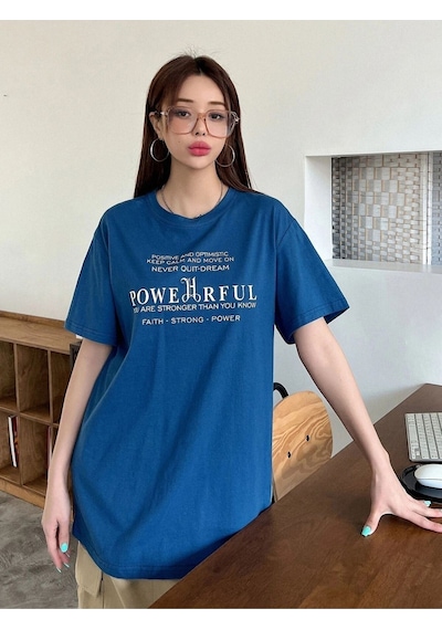 Flood Of Style Kadın Mavi Powerfull Baskılı Oversize Bisiklet Yaka Tişört