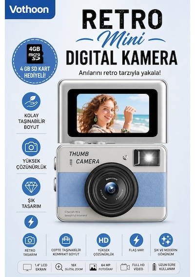 Retro Mini Dijital Kamera 1080p 1.47 İnç Flip Ekranlı Flaşlı Selfie Vlog Kamerası 4gb Sd Hediyeli Mavi