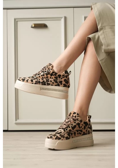 Trendella Kadın Leopar Desenli Gizli Topuklu Sneaker Tr04ms01e Beyaz