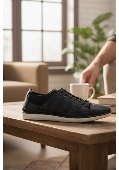 Enoch Hakiki Deri Lastikli Detaylı Erkek Sneaker Ortopedik Taban Siyah