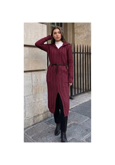 Onno Style Women Saç Örgü Triko Uzun Kadın Hırka Bordo