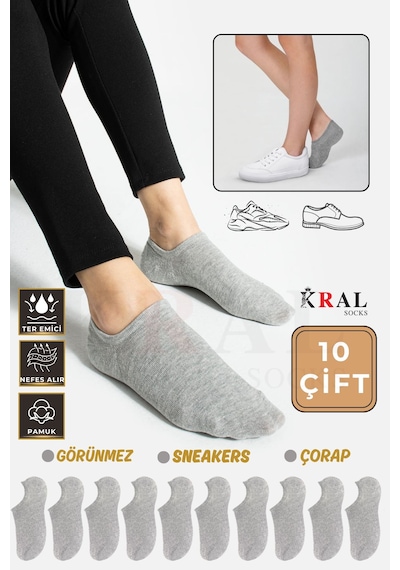 Kral Socks Kadın Pamuklu Terletmez 10'lu - 10 Çift Yazlık Görünmez Çorap Gri