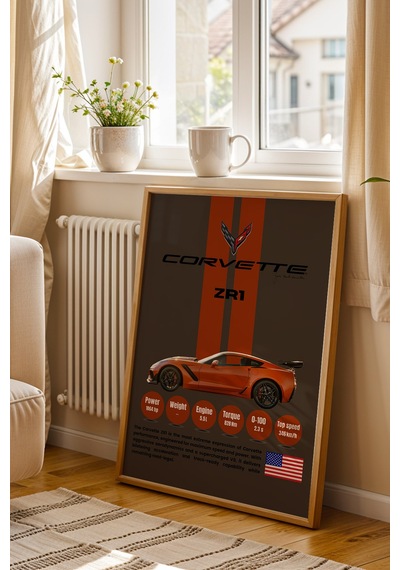 Corvette Zr1 Araba Tablosu - Teknik Özellikli Otomobil Poster - Çerçeveli Duvar Dekoru Kayın