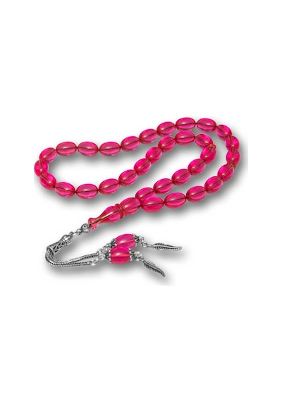 Gümüş Püsküllü Pembe Ateş Kehribar Tesbih Sl12273 Gümüş