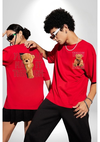 Bunu Alabilirsin Çantadan Çıkan Ayı Kırmızı Oversize Unisex Ön Ve Sırt Baskılı Tişört Kırmızı