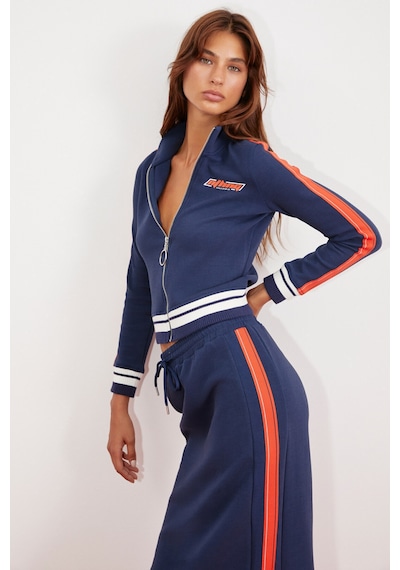 Grimelange Anıta Kadın Örme Slim Fit Parça Baskılı Dik Yaka Lacivert Ceket