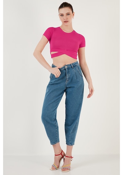 Lela Fitilli Bel Detaylı Kısa Kollu Dar Kesim Crop Bayan Bluz 5864211 Fuşya