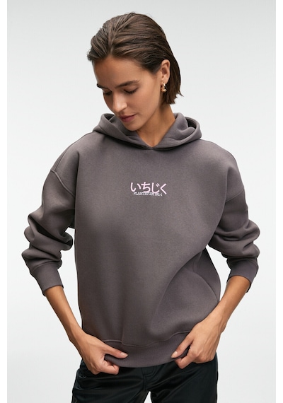 Grimelange YANMESA Kadın Oversize Baskı Ve Nakış Detaylı Uzun Kollu Kapüşonlu Antrasit Sweatshirt