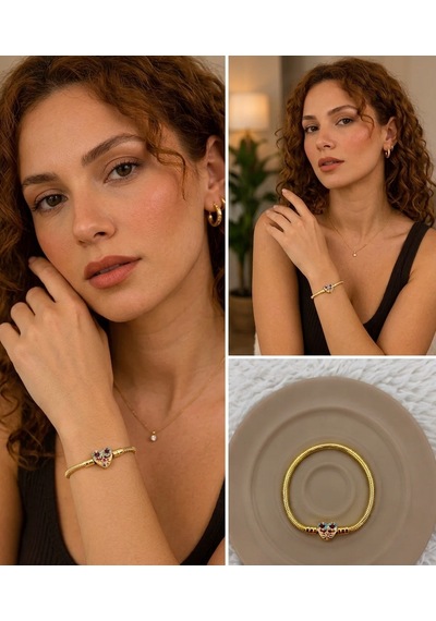 Premium Gold Renk Taşlı 316l Çelik Parlak Renkli Taş Detaylı Kalp Model Charm Bileklik 18cm Altın