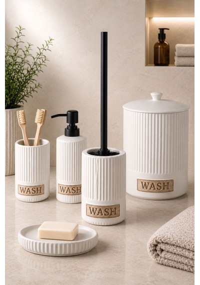 5 Parça Porselen Damian Banyo Seti -5982 Beyaz